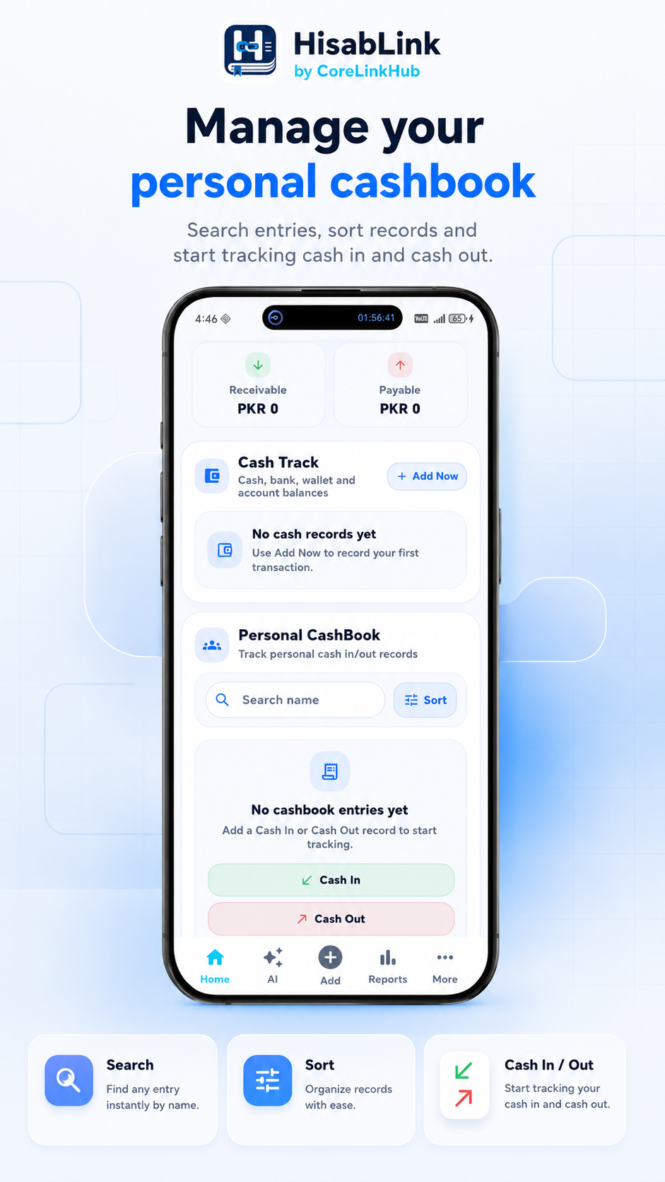 HisabLink cashbook screen