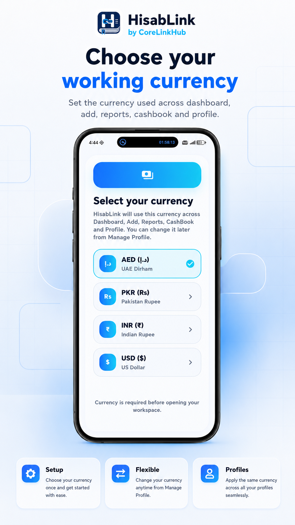 HisabLink currency selection screen