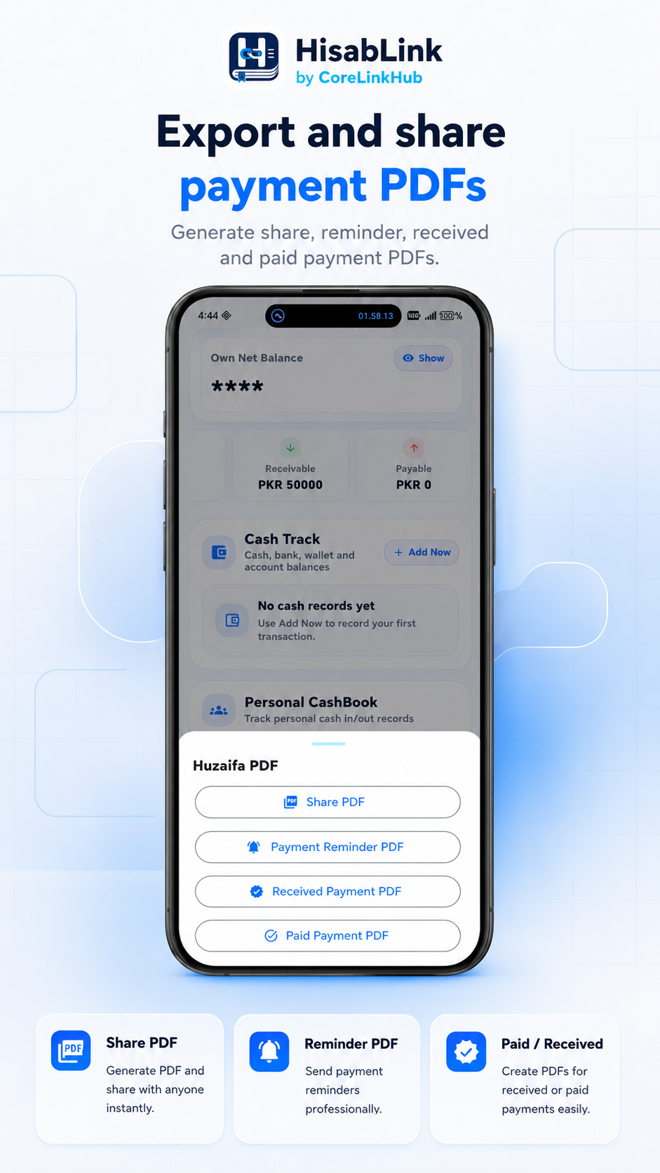 HisabLink payment PDF export screen