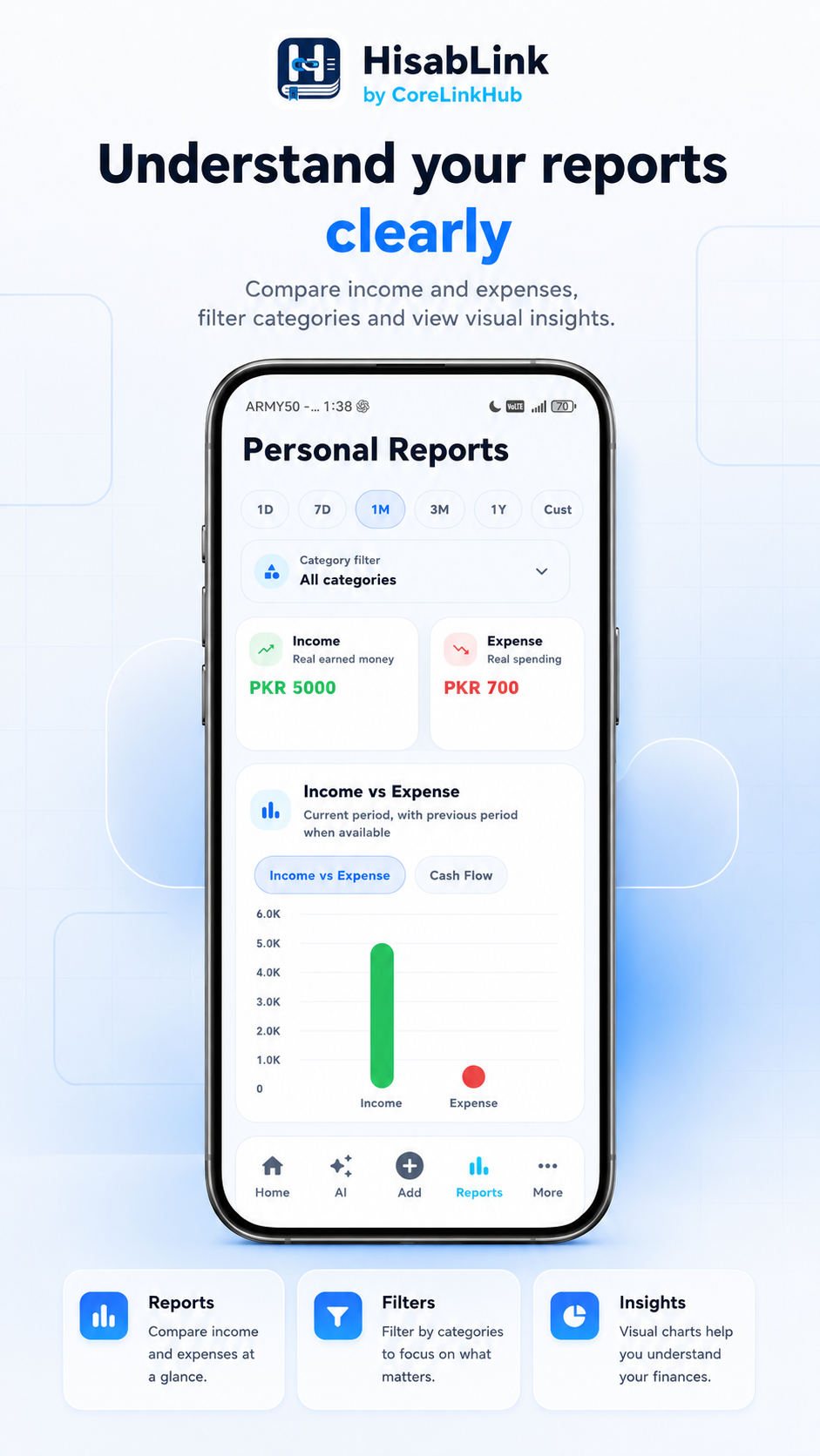 HisabLink personal reports screen